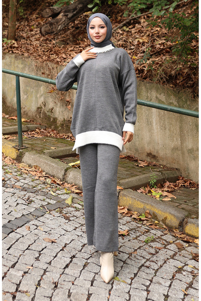 sefamerve Трикотажний комплект з тунікою та брюками з перламутровими деталями 1011-05 Сірий