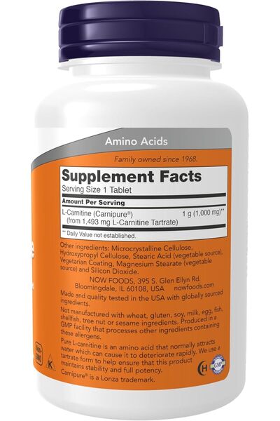 Now Supplements, L-Carnitine 1,000 mg, Purest Form, Amino Acid, Fitness Support*, 50 Tablets