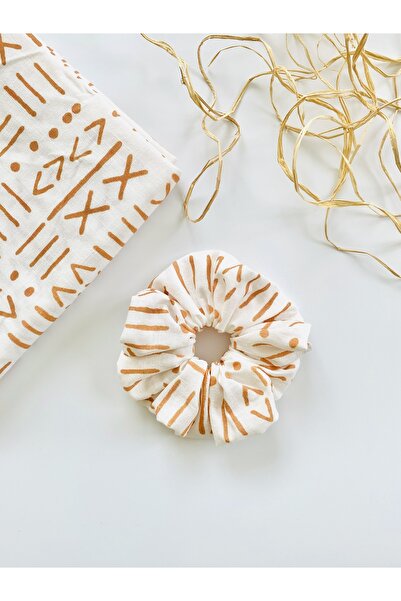 seyranat Kahverengi Etnik Desenli Keten Kumaş Kız Kadın Lastikli Simit Saç To...