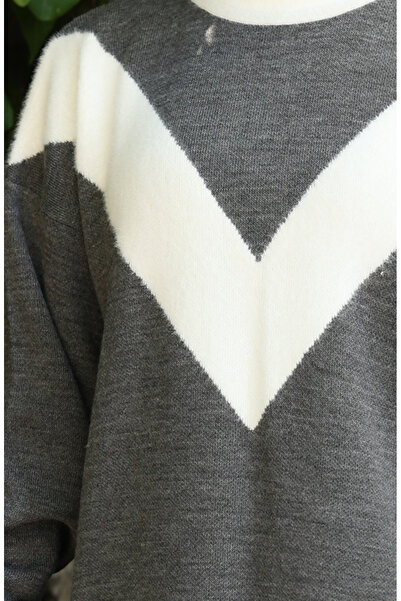 sefamerve Πλεκτό V Μοτίβο συνδυασμός υφασμάτων Τουνίκ 3017-03 Γκρι