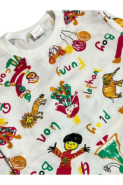 Fil Kids Girl's Cotton Fabric Ecru Color Balloon Girl Patterned Long Sleeve Seasonal Pajama Set
