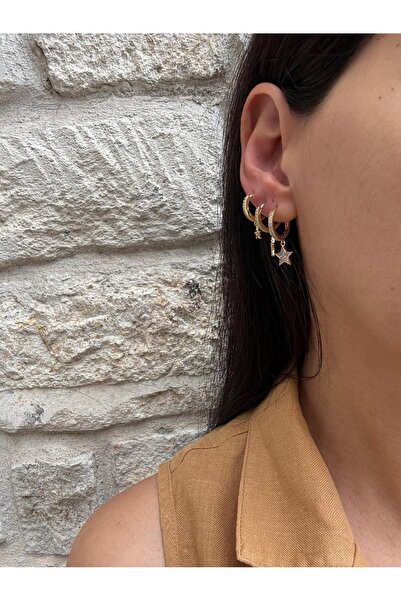 marsel aksesuar Xuping Zircon Stone Set of 3 Star Model Hoop Gold Earrings