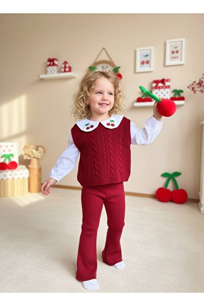 Butik Girl's Collar Detailed Cherry Embroidery Dark Red Knitwear Bottom-Top Set