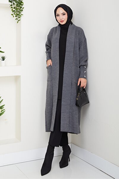 Bestenur Πλεκτό Ζακέτα με μανίκια μπαλόνι 1613 - Ανθρακί