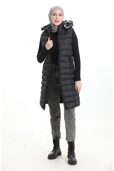 sefamerve με κουκούλα Φουσκωτό γιλέκο με φερμουάρ 0169B-01 Μαύρο