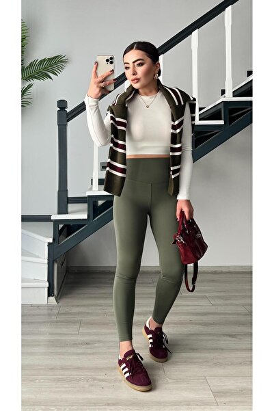 Oslove Khaki Original Brand Ribbed Leggings