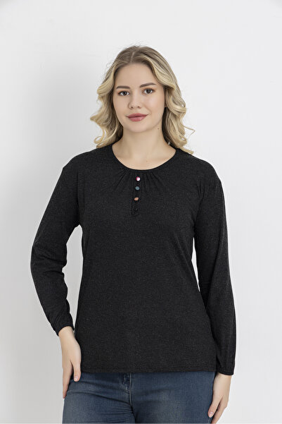 Orly More Μίνι χτενισμένη βαμβακερή μπλούζα με λεπτομέρεια με κουμπιά από ύφασμα χειμερινής βισκόζης με ελαστικά μανίκια