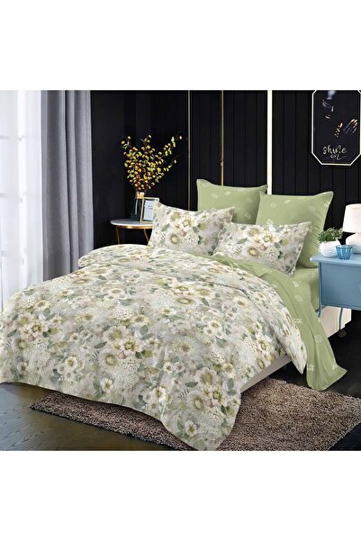 OEM Bed linen, 2 persons, finet, 6 pieces, green, with flowers, LF325