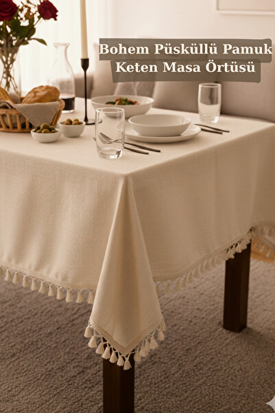 OTEXSA Pamuk Keten Püsküllü Masa Örtüsü Şık Modern Tasarım