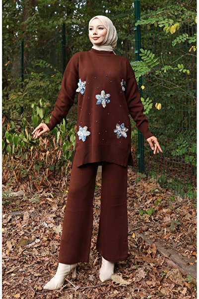 sefamerve Knitwear Floral Detailed Tunic Trousers Double Set 1006-05 Brown