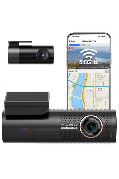 Taggo Cameră auto duală 4K cu spate 1080p, WiFi, GPS, vedere nocturnă și senz...
