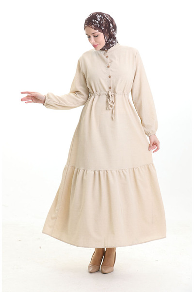 sefamerve Beli Lace-Up Half Button Dress 0182-10 Beige