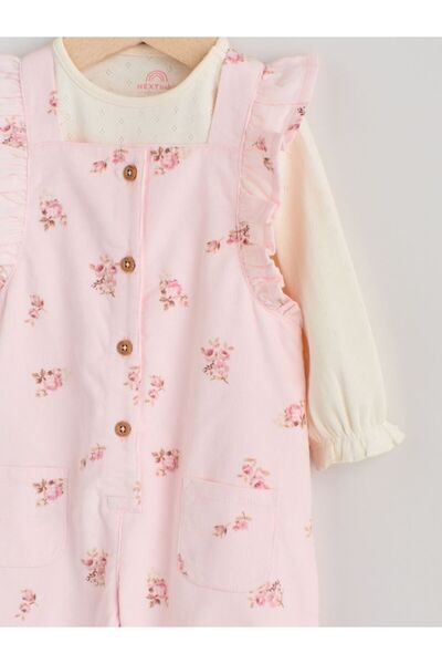 Next Baby Cotton Light Pink Floral Patterned Salopet Bodysuit Set