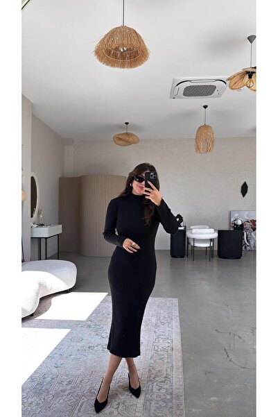 Buket Teke Μαύρο πλεκτό φόρεμα από μαλλί ψαρά