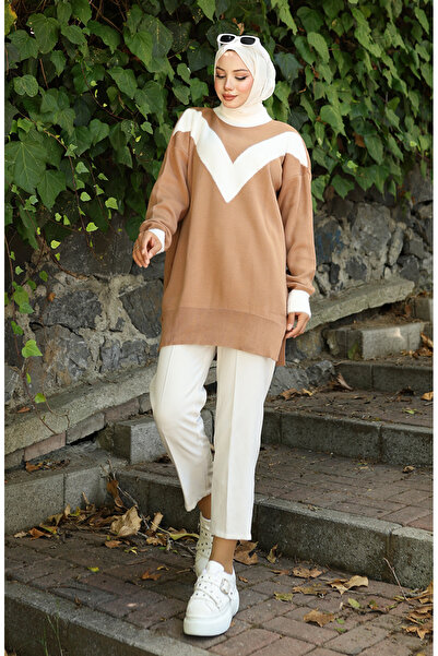 sefamerve Πλεκτά V Pattern συνδυασμός υφασμάτων Tunik 3017-06 Γαλακτοκαφέ