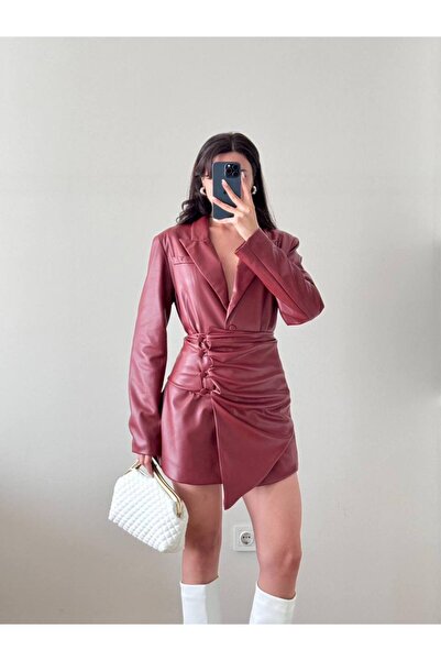 LOCH BUTİK Women's Burgundy Long Sleeve Buttoned Ornamental Pocket Leather Jacket Suit