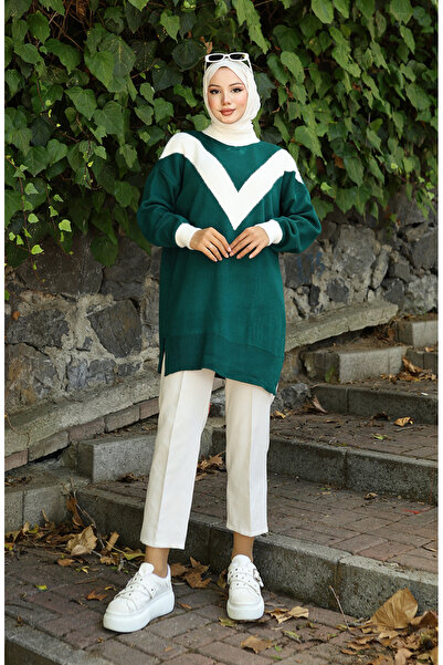 sefamerve Πλεκτά V Μοτίβο συνδυασμός υφασμάτων Τουνίκ 3017-08 Πετρέλαιο