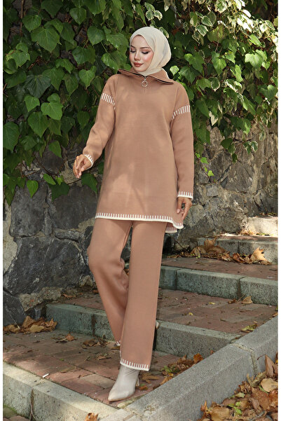 sefamerve Knitwear Zipper Collar Tunic Trousers Double Set 1061-05 Milky Coffee