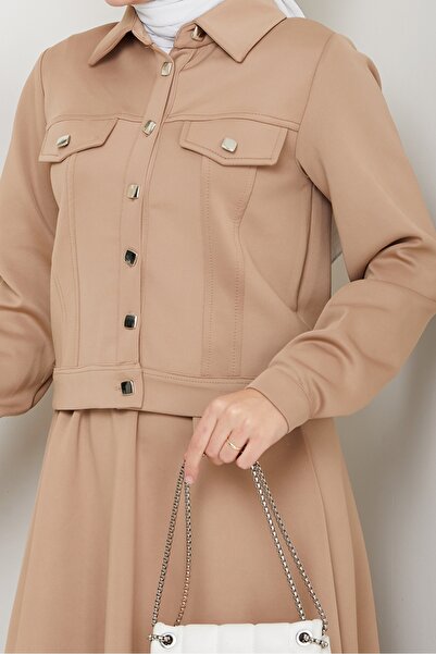 Bestenur Jacket Skirt Scuba Two-Piece Set 1614 - Stone