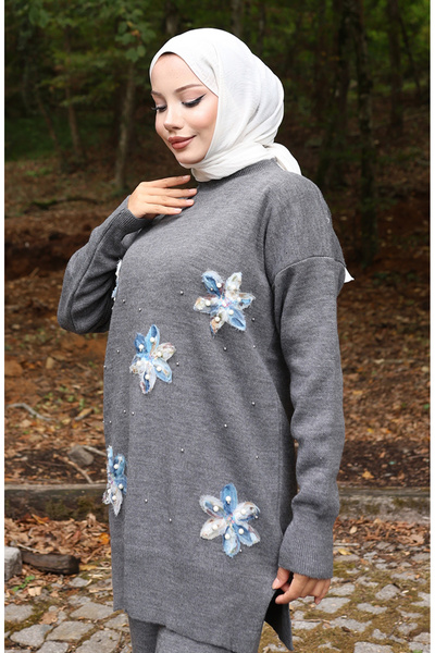 sefamerve Knitwear Floral Detailed Tunic Trousers Double Set 1006-08 Gray