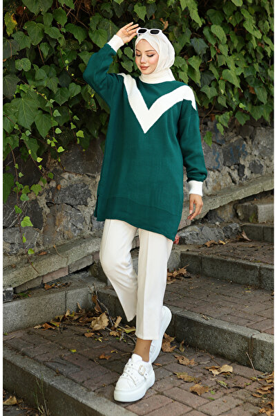 sefamerve Πλεκτά V Μοτίβο συνδυασμός υφασμάτων Τουνίκ 3017-08 Πετρέλαιο