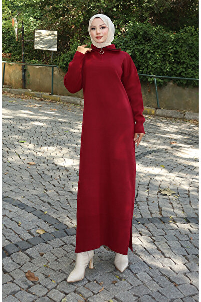 sefamerve Knitwear Turtleneck Dress 0511-06 Claret Red