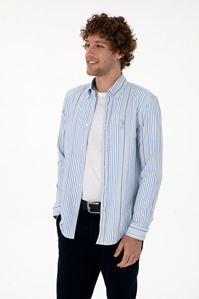 U.S. Polo Assn. Erkek Beyaz Çizgili Uzun Kollu Açık Mavi Gömlek 50316573-VR003