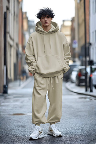 YAKAMEL طقم بدلة رياضية للرجال بقلنسوة ناعمة مصنوعة من 3 خيوط