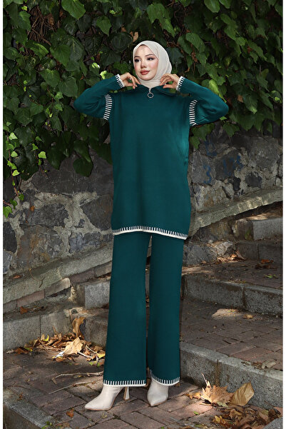 sefamerve Knitwear Zipper Collar Tunic Trousers Double Set 1061-02 Petrol