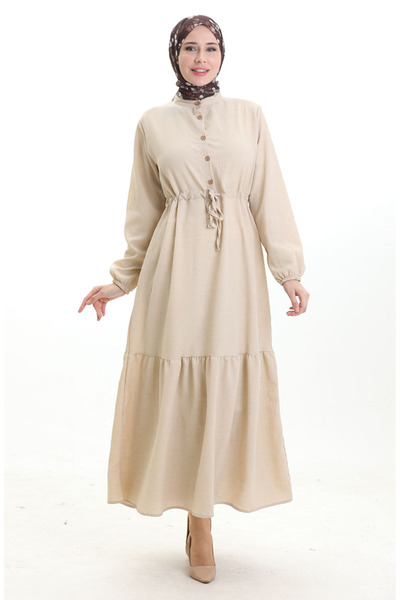 sefamerve Beli Lace-Up Half Button Dress 0182-10 Beige