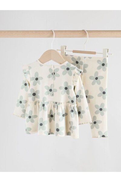 Next Baby Cotton White Blue Floral Patterned Long Sleeve Top and Bottom Set
