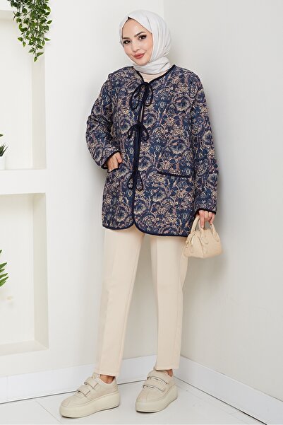 Bestenur Μπουφάν με έθνικ σχέδιο με καπιτονέ 1618 - Σκούρο μπλε