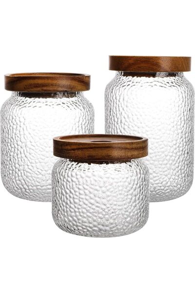 Quasar & Co. Set of 3 food storage containers, stackable, 350ml/600ml/775ml, glass/acacia wood