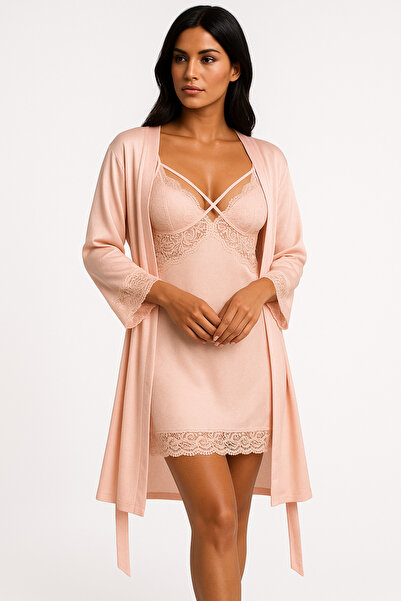 cherry queen Set de halate de dormit și cămașă de noapte din dantelă roz pudrat jacquard premium – cu cutie specială