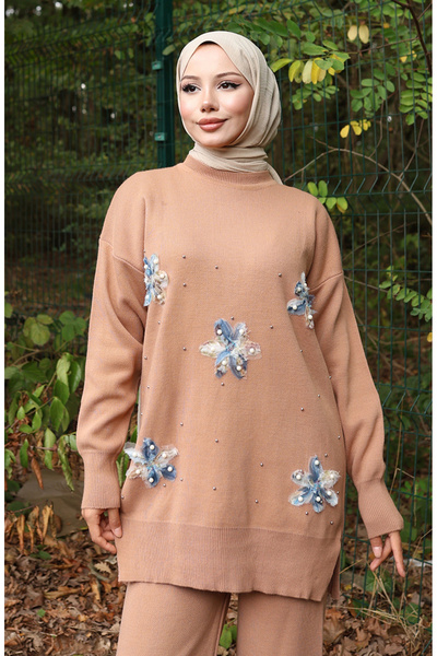 sefamerve Knitwear Floral Detailed Tunic Trousers Double Set 1006-06 Milky Coffee