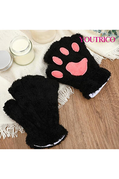 Youtrico قفازات على شكل مخلب قطة فروية، قفازات بدون أصابع على شكل مخلب دب فرو...