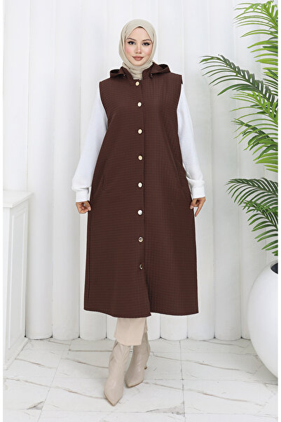 sefamerve Kapitone Kumaş Boydan Düğmeli Yelek 0186-06 Kahverengi