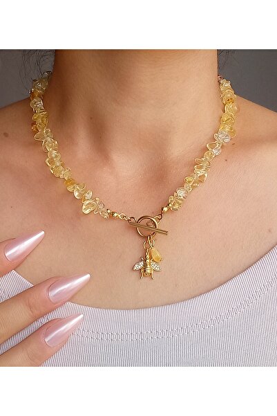 BNGaksesuar Gerçek Doğal Sitrin Taşı ve Şans Bolluk Bereket Arı Kolye ucu Doğaltaş Tasarım Kolye