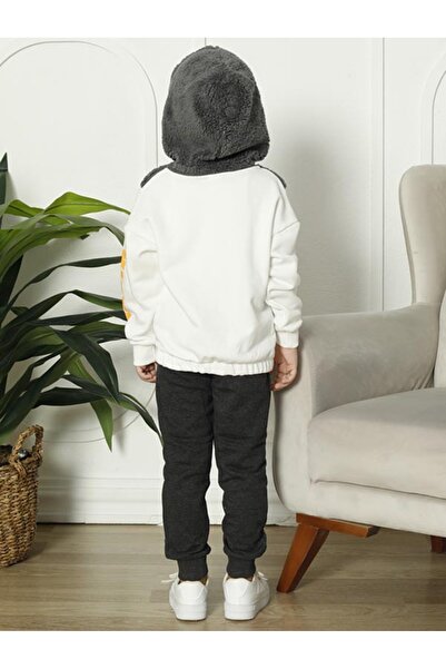 CLQTH Boys' Fleece Detailed Hooded Tracksuit Set – White / Anthracite