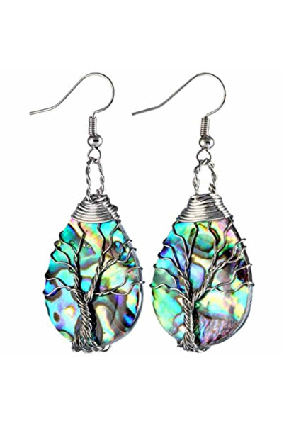 craftmystic Cercei din scoici de abalone din sârmă placată cu argint în formă de Arbore al Vieții