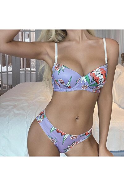 Eces Design Γυναικείο Σετ Σουτιέν και Εσώρουχο με Φλοράλ Σχέδιο και Ενίσχυση ...