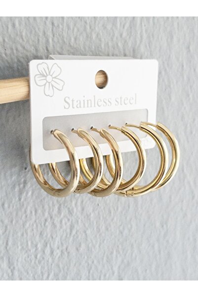 Siya Silver Unisex 316l Cerrahi Çelik Gold Renk 3 Çift Set Halka Küpe - 3 Boy 21-23-25 mm