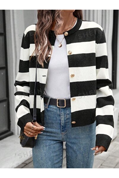 Dier Moda Tricotaj pentru femei, cu dungi alb-negru, cu nasturi aurii, cardigan