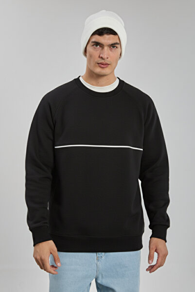 BARRELS AND OIL Men's Crew Neck Ribbed Reglon Sleeve Sweatshirt - Black