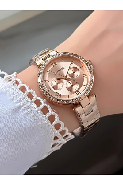 Ferrucci Women's Round Stone White Dial Rose Gold Metal Band Wristwatch