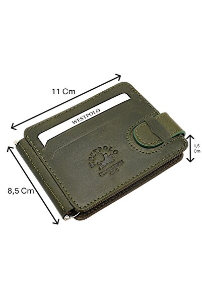 Westpolo Hakiki Eskitme Deri Kuşaklı Kağıt Para Klipsli Unisex Kartlık - Yeşil-Haki