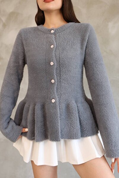 R&G RIMANERE GIOVANI Women's Soft Textured Buttoned Ruffle Detailed Knitwear Cardigan