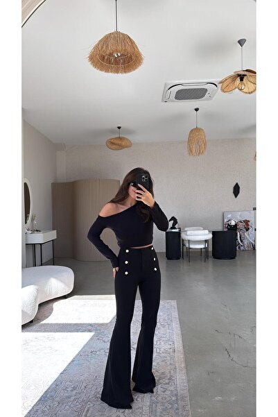 Buket Teke Siyah Gold Düğme İspanyol Kumaş Pantolon