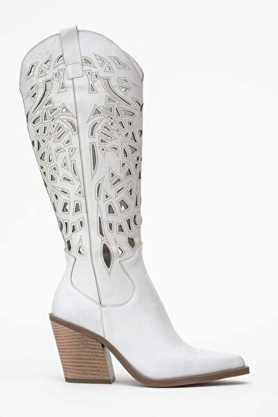 Zeynep Sıradağlı Γυναικείες μπότες Western από γνήσιο δέρμα Harlina σε λευκό χρώμα