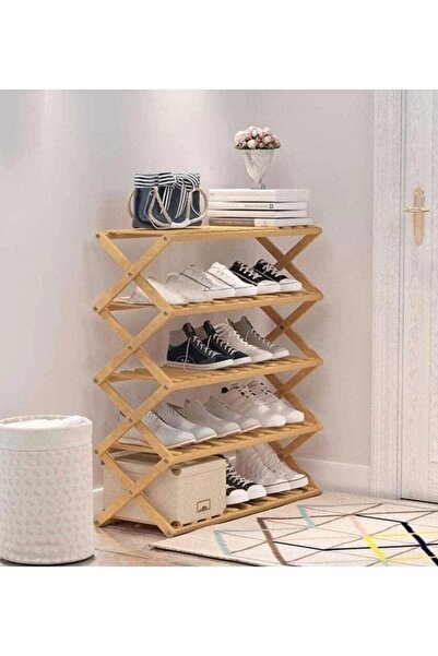 Primo Plus Foldable 5-Tier Bamboo Shoe Rack Yellow 70x28x80cm